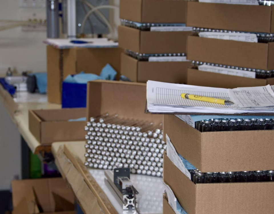 Components and production documentation staged at a manufacturing workbench for a build-to-print assembly project at General Assembly & Manufacturing Corp.